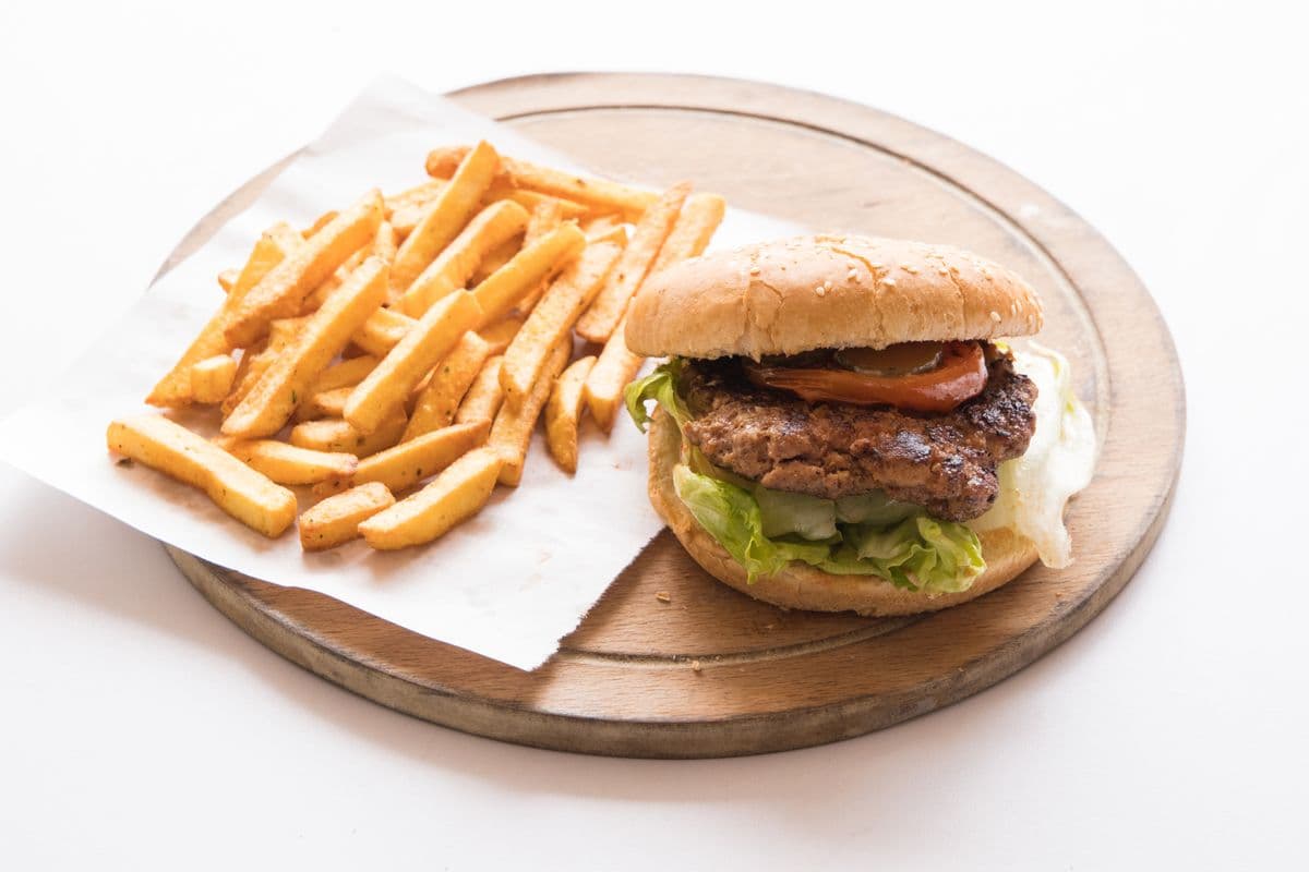 A burger and fries at a diner